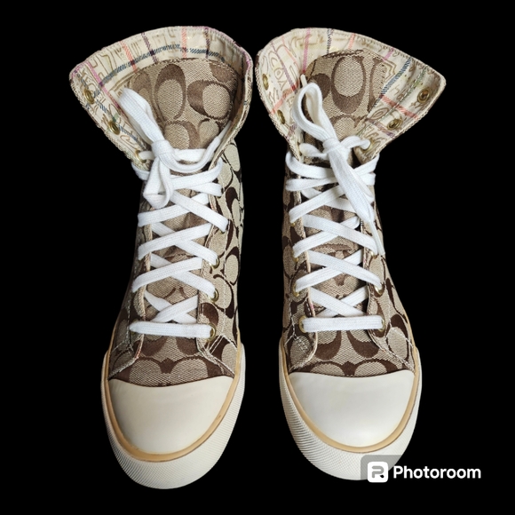 Coach Bonney Sneakers Graffiti Fold Over High Top Sneakers Brown Gold Canvas - Picture 2 of 10